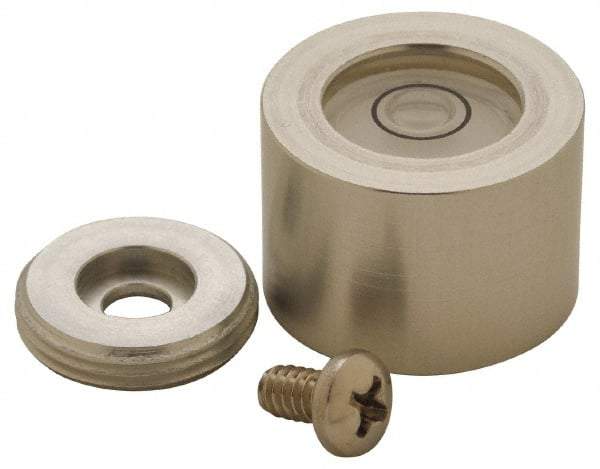 Geier & Bluhm, Inc. - 13/16 Inch Base Diameter x 0.56 Inch Overall Height, 1 Circle, Aluminum Bull's Eye Circular Level - 0.22 Inch Vial Diameter, 1/2 Inch Inner Diameter, 0.1 Inch Sensitivity, -40 to 150°F - Exact Tool & Supply