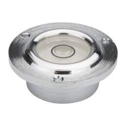 Geier & Bluhm, Inc. - 11/16 Inch Base Diameter x 0.41 Inch Overall Height, 1 Circle, Brass Bull's Eye Circular Level - 0.22 Inch Vial Diameter, 1/2 Inch Inner Diameter, 0.07 Inch Mounting Hole Diameter, 0.1 Inch Sensitivity, -40 to 165°F - Exact Tool & Supply