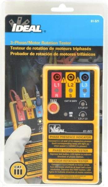 Ideal - 3 Phase, 100 to 600 VAC, 10 to 400 Hz, 5 to 131°F, LED Display Phase Rotation Tester - 9V, Includes 9V Battery, Alligator Clips, Carrying Case, Operating Instructions, C N12966, CAT III, CE, EN 61010, IEC 1010 - Exact Tool & Supply