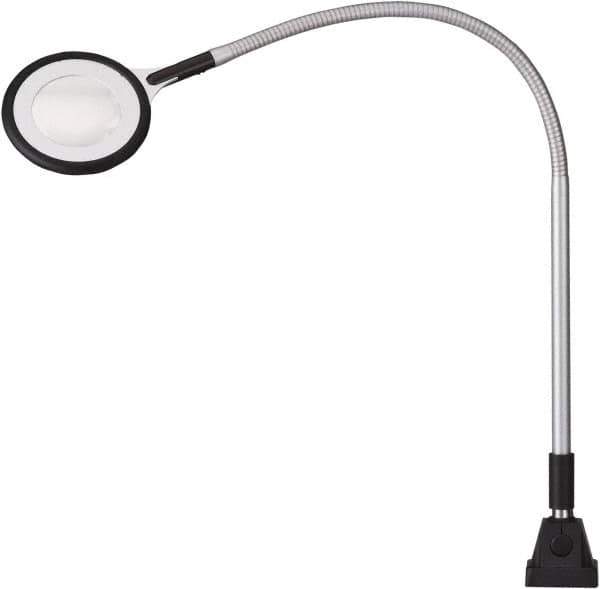 Waldmann Lighting - 25.4 Inch, Gooseneck, Clamp Mounted, LED, Silver, Magnifying Task Light - 6 Watt, 100 to 240 Volt, 2.25x Magnification, 71mm Wide - Exact Tool & Supply