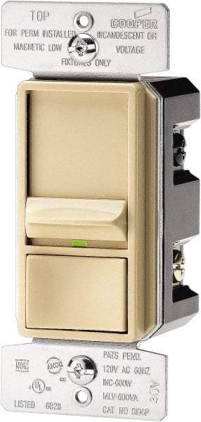Cooper Wiring Devices - 1 and 3 Pole, 120 VAC, 60 Hz, 600 Watt, Residential Grade, Slide Switch, Wall and Dimmer Light Switch - 1.8 Inch Wide, Fluorescent, Halogen, Incandescent - Exact Tool & Supply