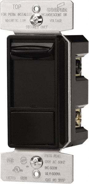Cooper Wiring Devices - 1 Pole, 120 VAC, 60 Hz, 600 Watt, Residential Grade, Slide Switch, Wall and Dimmer Light Switch - 1.8 Inch Wide x 4.2 Inch High, Fluorescent, Halogen, Incandescent - Exact Tool & Supply