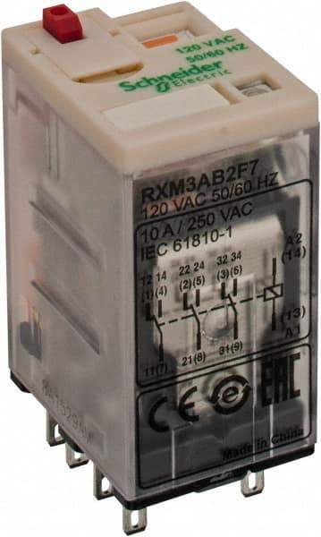Square D - 11 Pins, 1.2 VA Power Rating, Ice Cube Electromechanical Plug-in General Purpose Relay - 10 Amp at 277 VAC, 3PDT, 120 VAC, 21mm Wide x 40mm High x 27mm Deep - Exact Tool & Supply