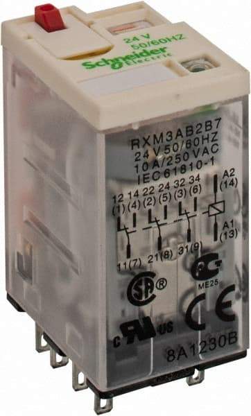 Square D - 11 Pins, 1.2 VA Power Rating, Ice Cube Electromechanical Plug-in General Purpose Relay - 10 Amp at 277 VAC, 3PDT, 24 VAC, 21mm Wide x 40mm High x 27mm Deep - Exact Tool & Supply