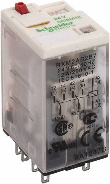 Square D - 8 Pins, 1.2 VA Power Rating, Ice Cube Electromechanical Plug-in General Purpose Relay - 12 Amp at 277 VAC, DPDT, 24 VAC, 21mm Wide x 40mm High x 27mm Deep - Exact Tool & Supply