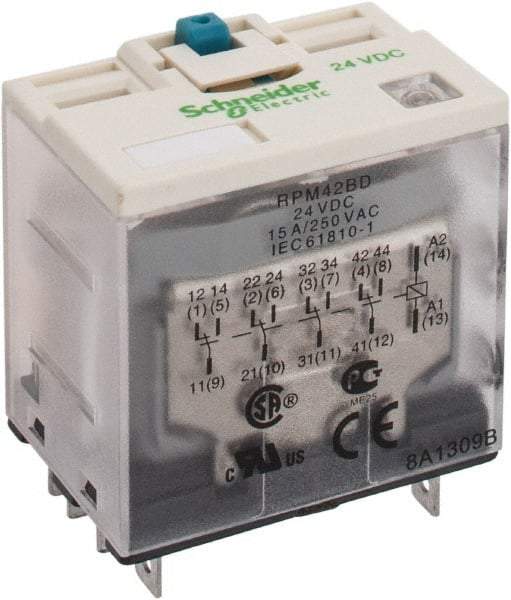 Square D - 14 Pins, Ice Cube Electromechanical Plug-in General Purpose Relay - 15 Amp at 277 V, 4PDT, 24 VDC, 41mm Wide x 39mm High x 27mm Deep - Exact Tool & Supply