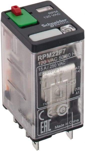 Square D - 8 Pins, 1.1 VA Power Rating, Ice Cube Electromechanical Plug-in General Purpose Relay - 15 Amp at 250 VAC, DPDT, 120 VAC, 21mm Wide x 39mm High x 27mm Deep - Exact Tool & Supply