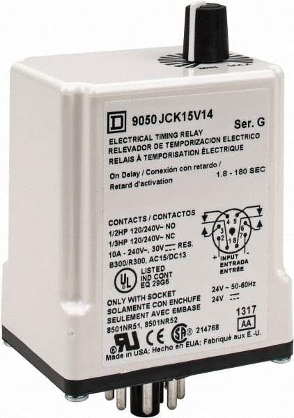 Square D - 8 Pin, 3 min Delay, DPDT Time Delay Relay - 10 Contact Amp, 24 VAC/VDC - Exact Tool & Supply
