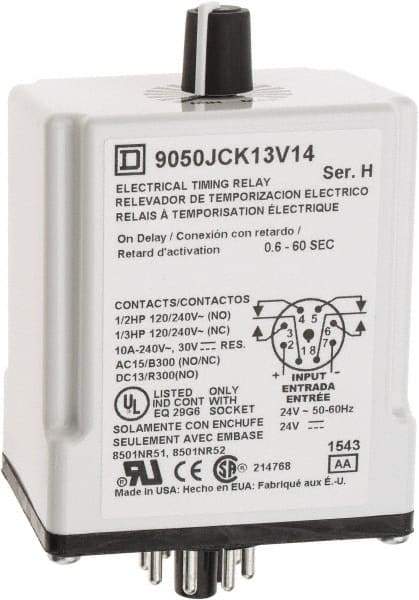 Square D - 8 Pin, 999 hr Delay, DPDT Time Delay Relay - 10 Contact Amp, 24 VAC/VDC - Exact Tool & Supply