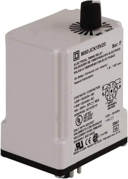 Square D - 8 Pin, 3 min Delay, DPDT Time Delay Relay - 10 Contact Amp, 110 VDC & 120 VAC - Exact Tool & Supply