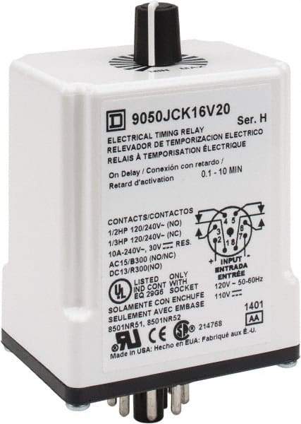 Square D - 8 Pin, 10 min Delay, DPDT Time Delay Relay - 10 Contact Amp, 110 VDC & 120 VAC - Exact Tool & Supply