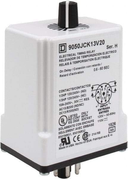 Square D - 8 Pin, 1 min Delay, Multiple Range DPDT Time Delay Relay - 10 Contact Amp, 110 VDC & 120 VAC - Exact Tool & Supply