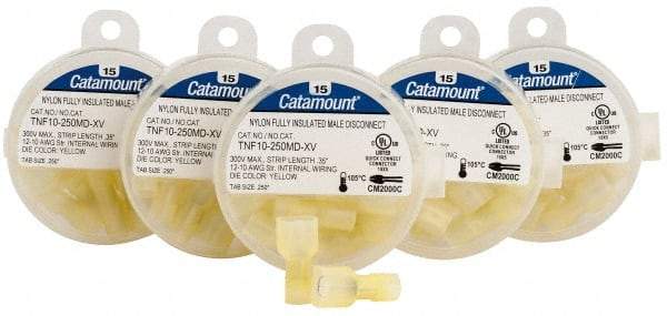 Thomas & Betts - 12 to 10 AWG, Nylon, Fully Insulated, Male Wire Disconnect - 1/4 Inch Wide Tab, Yellow, CSA Certified, RoHS Compliant, UL 94 V-2, UL File E9809, UL Listed - Exact Tool & Supply