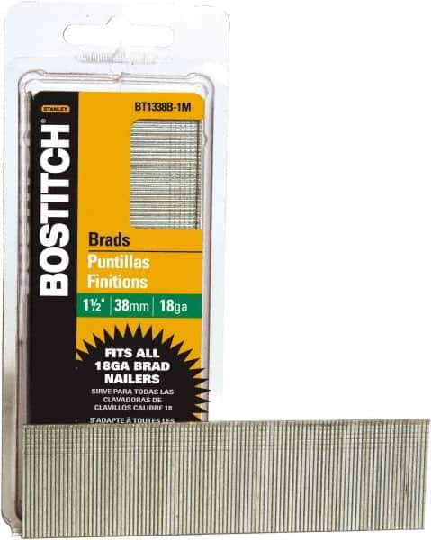 Stanley Bostitch - 18 Gauge 0.05" Shank Diam 1-1/2" Long Brad Nails for Power Nailers - Steel, Bright Finish, Ring Shank, Straight Stick Adhesive Collation, Brad Head, Chisel Point - Exact Tool & Supply