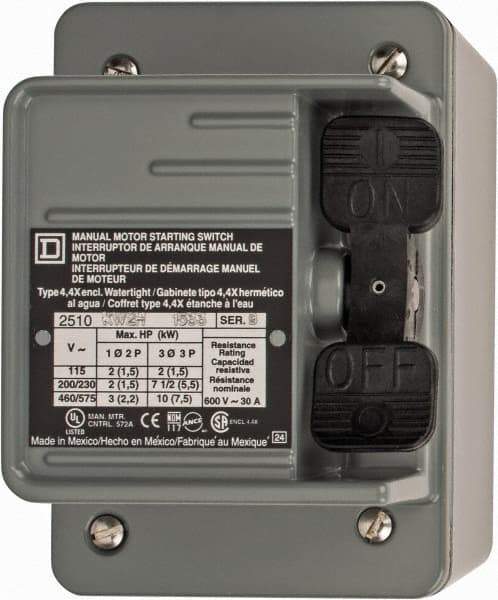 Square D - 3 Poles, 30 Amp, NEMA, Enclosed Toggle Manual Motor Starter - 1 hp at 90 VDC, 10 hp at 460 VAC, 10 hp at 575 VAC, 1-1/2 hp at 230 VDC, 2 hp at 115 VAC, 2 hp at 115 VDC & 7-1/2 hp at 230 VAC, CE, CSA, NEMA 4 & UL Listed - Exact Tool & Supply