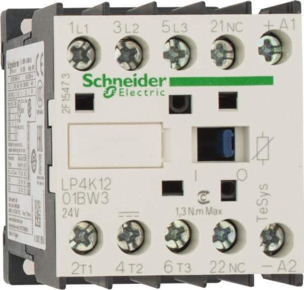 Schneider Electric - 3 Pole, 24 Coil VDC, 12 Amp at 440 VAC, 16 Amp at 690 VAC and 20 Amp at 440 VAC, Nonreversible IEC Contactor - BS 5424, CSA, IEC 60947, NF C 63-110, RoHS Compliant, UL Listed, VDE 0660 - Exact Tool & Supply