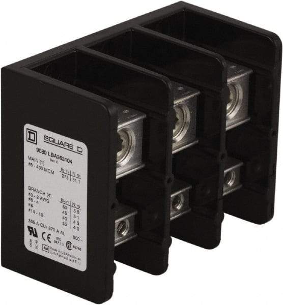 Square D - 3 Poles, 270 (Aluminium), 335 (Copper) Amp, Phenolic Power Distribution Block - 600 VAC, 1 Primary Connection - Exact Tool & Supply