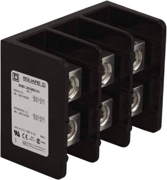 Square D - 3 Poles, 250 (Aluminium), 310 (Copper) Amp, Phenolic Power Distribution Block - 600 VAC, 1 Primary Connection - Exact Tool & Supply
