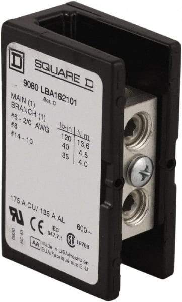 Square D - 3 Poles, 135 (Aluminium), 175 (Copper) Amp, Phenolic Power Distribution Block - 600 VAC, 1 Primary Connection - Exact Tool & Supply