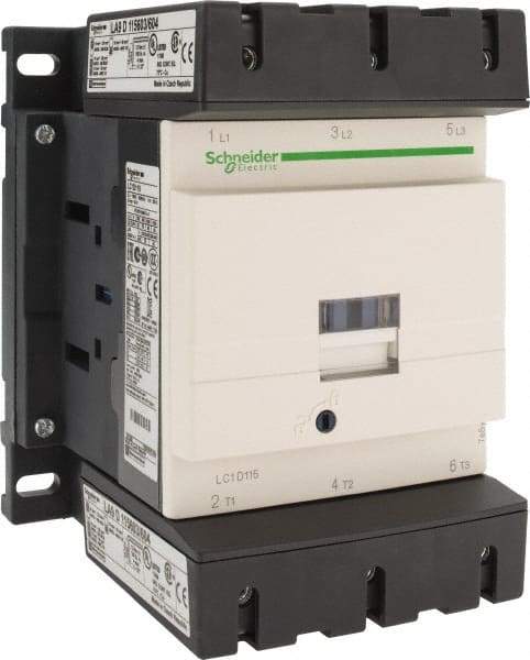 Schneider Electric - 3 Pole, 220 Coil VAC at 50/60 Hz, 115 Amp at 440 VAC, Nonreversible IEC Contactor - Bureau Veritas, CCC, CSA, CSA C22.2 No. 14, DNV, EN/IEC 60947-4-1, EN/IEC 60947-5-1, GL, GOST, LROS, RINA, RoHS Compliant, UL 508, UL Listed - Exact Tool & Supply