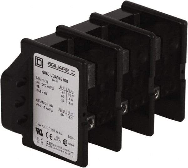 Square D - 3 Poles, 135 (Aluminium), 175 (Copper) Amp, Phenolic Power Distribution Block - 600 VAC, 1 Primary Connection - Exact Tool & Supply