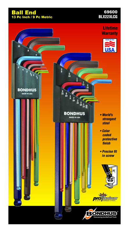 22 Piece - .050-3/8" and 1.5-10mm - Extra Long Arm - ColorGuard Ball End L-Wrench Set - Exact Tool & Supply