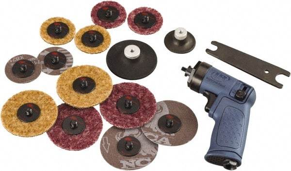 Ingersoll-Rand - 2 to 3" Disc, 15,000 RPM, Pneumatic Handheld Disc Sander - 19 CFM, 1/4" Inlet, 0.2 hp, 90 psi, Includes Air Angle Grinder, (14) Discs, 2\x94 Pad Holder, 3\x94 Pad Holder & Carrying Case - Exact Tool & Supply