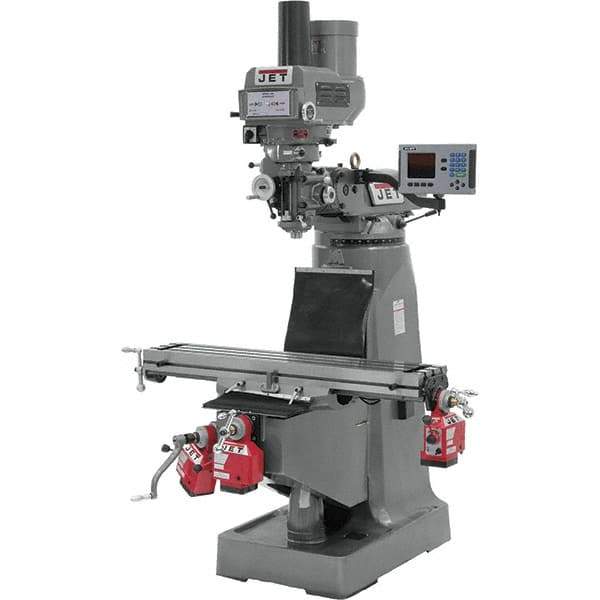 Jet - 9" Table Width x 49" Table Length, Variable Speed Pulley Control, 3 Phase Knee Milling Machine - R8 Spindle Taper, 3 hp - Exact Tool & Supply