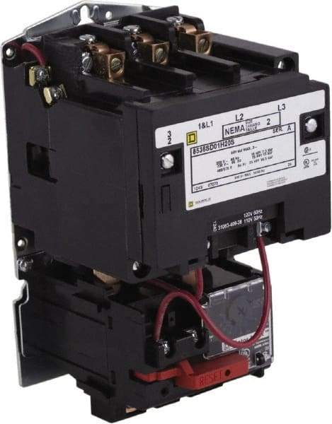 Square D - 208 Coil VAC at 60 Hz, 600 Coil VAC, 27 Amp, NEMA Size 1, Open Enclosure NEMA Motor Starter - 1 Phase hp: 7 1/2 at 200 Volt, 7 1/2 at 230 Volt, 3 Phase hp: 10 at 460 Volt, 10 at 575 Volt - Exact Tool & Supply