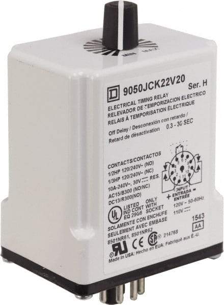 Square D - DPDT Time Delay Relay - 10 Contact Amp, 110 VDC & 120 VAC - Exact Tool & Supply