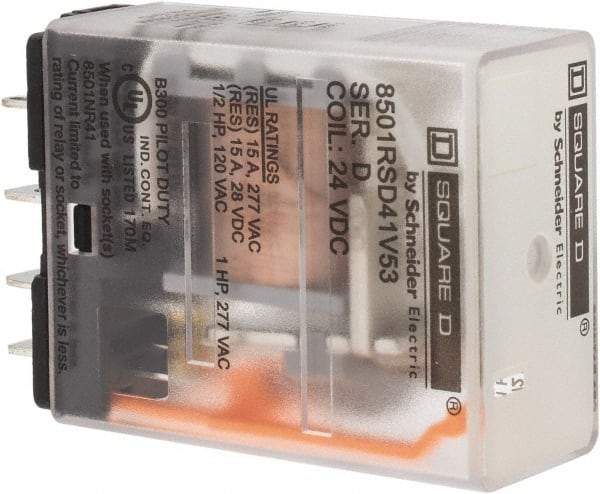 Square D - Electromechanical Plug-in General Purpose Relay - 12 Amp at 240 VAC, SPDT, 24 VDC - Exact Tool & Supply