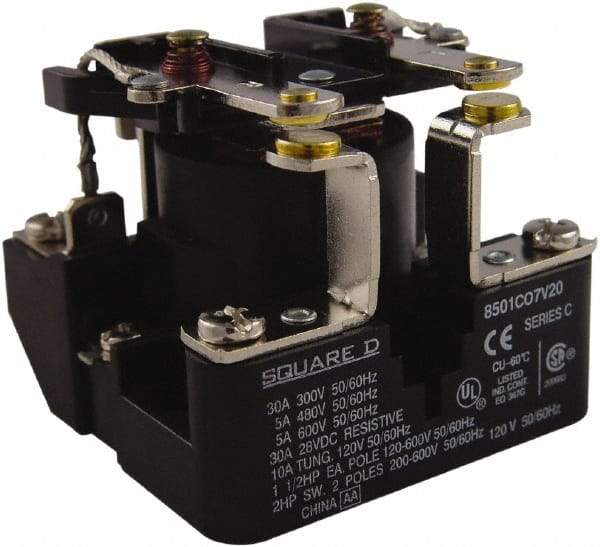 Square D - 1-1/2 hp, 10 VA Power Rating, Electromechanical Screw Clamp General Purpose Relay - 40 at 277 VAC & 5 at 600 V, DPST, 240 VAC at 50/60 Hz, 63.6mm Wide x 49.6mm High x 63.2mm Deep - Exact Tool & Supply