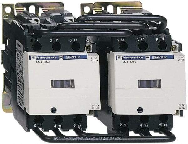 Schneider Electric - 3 Pole, 120 Coil VAC at 50/60 Hz, 50 Amp, Reversible IEC Contactor - Bureau Veritas, CCC, CSA, CSA C22.2 No. 14, DNV, EN/IEC 60947-4-1, EN/IEC 60947-5-1, GL, GOST, LROS, RINA, UL 508, UL Listed - Exact Tool & Supply