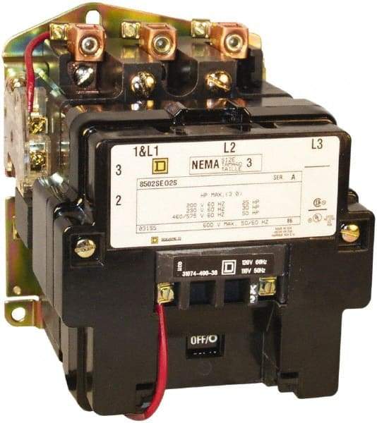 Square D - 5 Pole, 110 Coil VAC at 50 Hz and 120 Coil VAC at 60 Hz, 90 Amp NEMA Contactor - Open Enclosure, 50 Hz at 110 VAC and 60 Hz at 120 VAC - Exact Tool & Supply
