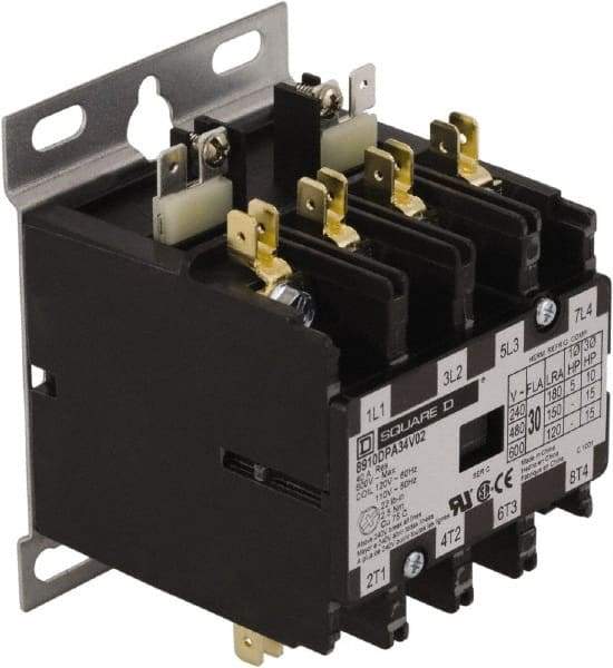 Square D - 4 Pole, 40 Amp Inductive Load, 24 Coil VAC at 50/60 Hz, Definite Purpose Contactor - Phase 1 and Phase 3 Hp: 10 at 230 VAC, 20 at 460 VAC, 25 at 575 VAC, 3 at 115 VAC, 7.5 at 230 VAC, 50 Amp Resistive Rating, CE, CSA, UL Listed - Exact Tool & Supply