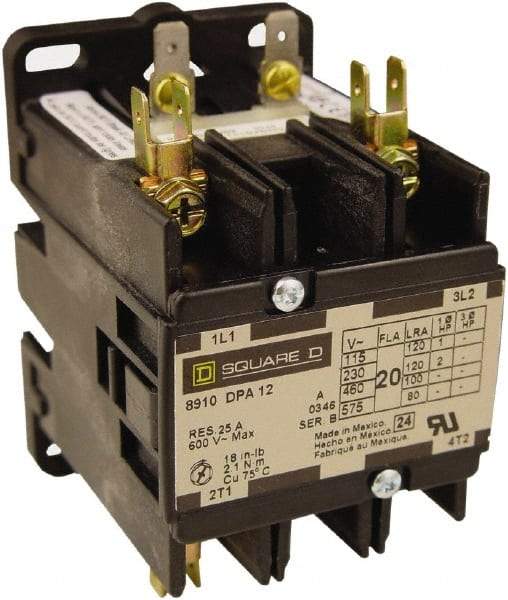 Square D - 2 Pole, 25 Amp Inductive Load, 110 Coil VAC at 50 Hz and 120 Coil VAC at 60 Hz, Definite Purpose Contactor - Phase 1 Hp:  2 at 115 VAC, 5 at 230 VAC, 35 Amp Resistive Rating, CE, CSA, UL Listed - Exact Tool & Supply