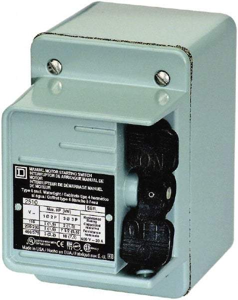 Square D - 2 Poles, 30 Amp, NEMA, Enclosed Toggle Manual Motor Starter - 1 hp at 90 VDC, 1-1/2 hp at 230 VDC, 2 hp at 115 VAC, 2 hp at 115 VDC, 2 hp at 230 VAC, 3 hp at 460 VAC & 3 hp at 575 VAC, CE, CSA, NEMA 4 & UL Listed - Exact Tool & Supply