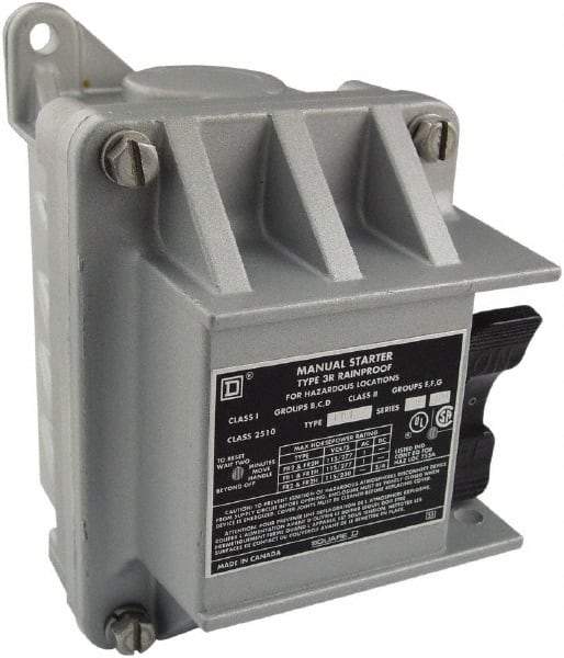 Square D - 3 Poles, 30 Amp, NEMA, Enclosed Toggle Manual Motor Starter - 1 hp at 90 VDC, 10 hp at 460 VAC, 10 hp at 575 VAC, 1-1/2 hp at 230 VDC, 2 hp at 115 VAC, 2 hp at 115 VDC & 7-1/2 hp at 230 VAC, CE, CSA, NEMA 3R/7/9 & UL Listed - Exact Tool & Supply