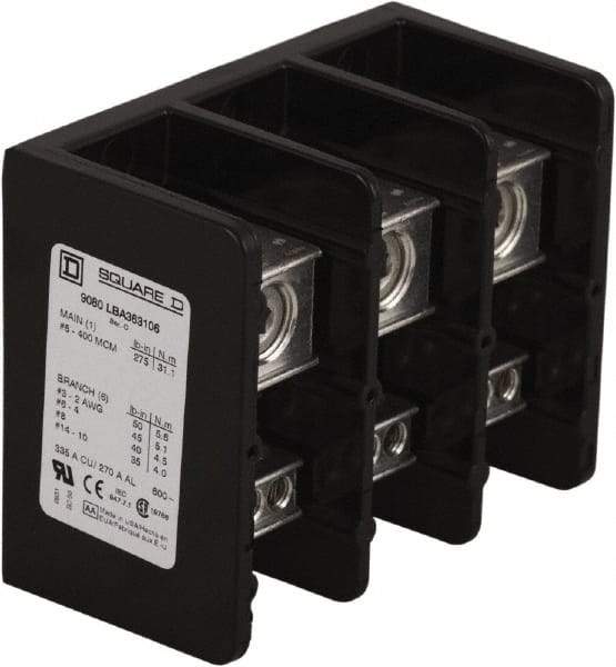Square D - 3 Poles, 310 (Aluminium), 380 (Copper) Amp, Phenolic Power Distribution Block - 600 VAC, 1 Primary Connection - Exact Tool & Supply