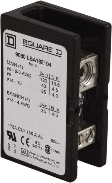 Square D - 1 Pole, 270 (Aluminium), 335 (Copper) Amp, Phenolic Power Distribution Block - 600 VAC, 1 Primary Connection - Exact Tool & Supply