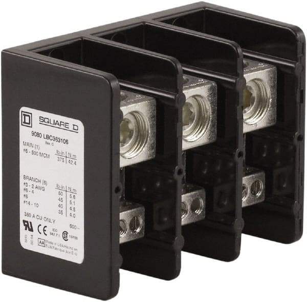 Square D - 3 Poles, 380 (Copper) Amp, Phenolic Power Distribution Block - 600 VAC, 1 Primary Connection - Exact Tool & Supply