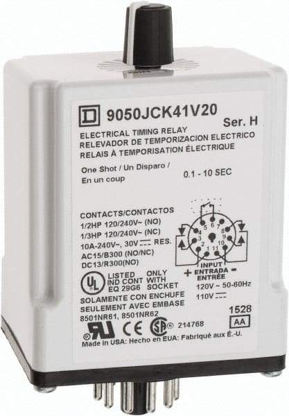 Square D - DPDT Time Delay Relay - 10 Contact Amp, 110 VDC & 120 VAC - Exact Tool & Supply