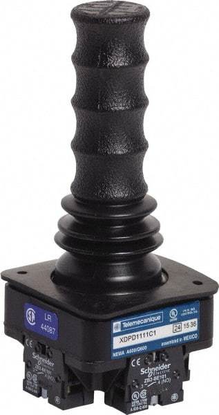 Schneider Electric - 2/4 Position, 10 Amp, 4.44 Inch Long, -40 to 140°F, Pushbutton Handle, Momentary (MO) Joystick Switch - 6.252 Inch High x 2.56 Inch Deep x 2.56 Inch Wide, 15 VDC, Panel Mount, IP65, 1.88 Inch Mount Hole Diameter - Exact Tool & Supply