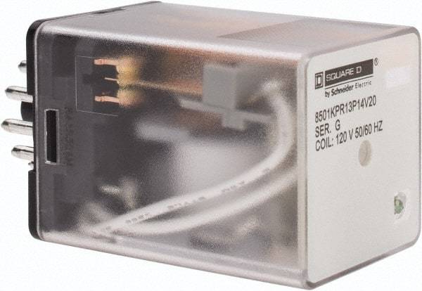 Square D - 11 Pins, 1 hp at 277 Volt & 1/3 hp at 120 Volt, 3 VA Power Rating, Octal Electromechanical Plug-in General Purpose Relay - 10 Amp at 250 VAC, 3PDT, 120 VAC at 50/60 Hz, 34.9mm Wide x 50.3mm High x 35.4mm Deep - Exact Tool & Supply