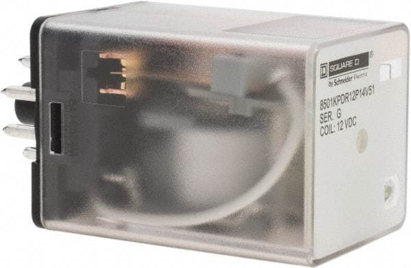 Square D - 8 Pins, 1 hp at 277 Volt & 1/3 hp at 120 Volt, 3 VA Power Rating, Octal Electromechanical Plug-in General Purpose Relay - 10 Amp at 250 VAC, DPDT, 12 VDC, 34.9mm Wide x 50.3mm High x 35.4mm Deep - Exact Tool & Supply