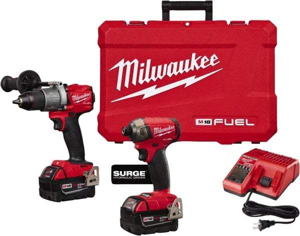 Milwaukee Tool - 18 Volt Cordless Tool Combination Kit - Includes Hammer Drill & 1/4" Hex Impact Driver, Lithium-Ion Battery Included - Exact Tool & Supply