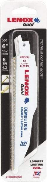 Lenox - 6" Long x 7/8" Thick, Bi-Metal Reciprocating Saw Blade - Tapered Profile, 6 TPI, Toothed Edge, Universal Shank - Exact Tool & Supply