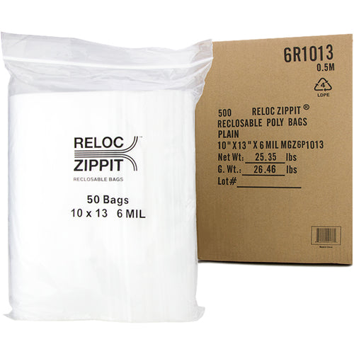 10″ × 13″ 6-MIL Clear Reloc Zippit Zipper Bags, Sold per Case of 500 (10 boxes of 50 per case)