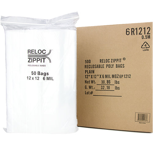 12″ × 12″ 6-MIL Clear Reloc Zippit Zipper Bags, Sold per Case of 500 (10 boxes of 50 per case)