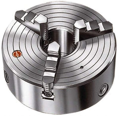 Rohm - 3 Jaws, 10" Diam, Self Centering Manual Lathe Chuck - Plain Back Mount Spindle, 2.99" Through Hole Diam, Forged Steel - Exact Tool & Supply